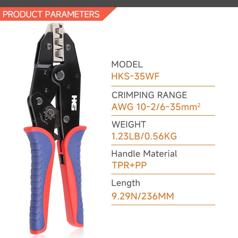 HKS Crimping Tool for Sleeves Ferrule Terminals & Pin Cord End- Ratcheting Wire Crimpers - AWG 10-2 (6-35mm?) - Ratchet Terminal Crimper - Electrical Crimping Tool - Image 2